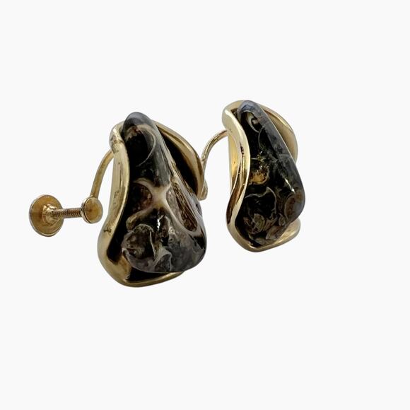 Vintage Turritella Agate Earrings Gold Tone Screw Back Fossil Shell Inclusions - Picture 6 of 10